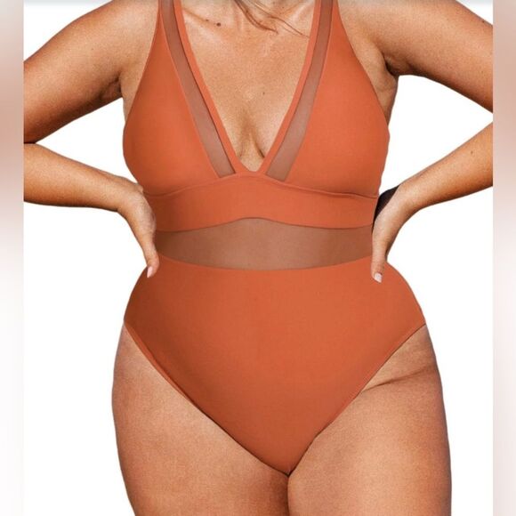 CUPSHE One Piece Swimsuit V Neck Mesh Sheer Tummy Burnt Orange Size 1X NWT - Picture 1 of 9